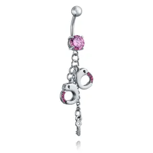 Handcuffs Key CZ Crystal Dangle Navel Belly Ring Surgical Steel