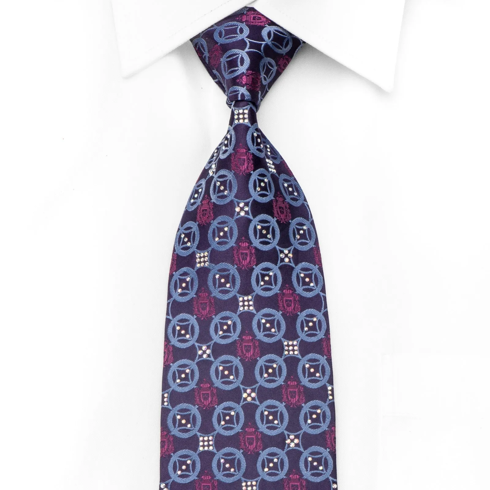 Mens Crystal Rhinestone Necktie Blue Circles On Dark Purple