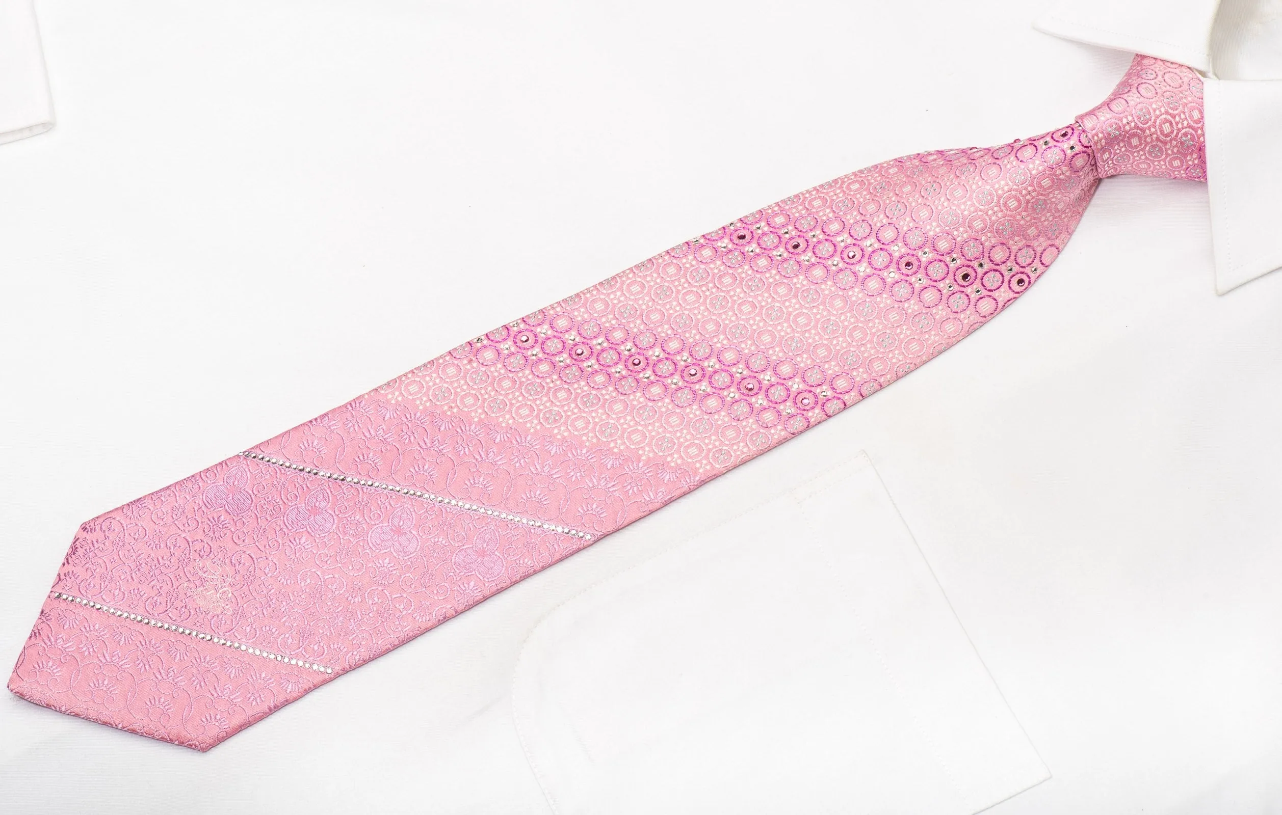 Nina Ricci Men's Silk Necktie Anthemion Circles On Pink Sparkling With Rhinestones